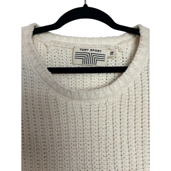 Tory Sport Chunky Knit Scalloped Hem Fisherman Boxy Fit Sweater Cream Sz XS - Picture 3 of 7